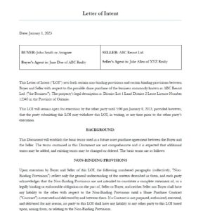 Lodge Resort Purchase Sale Letter of Intent