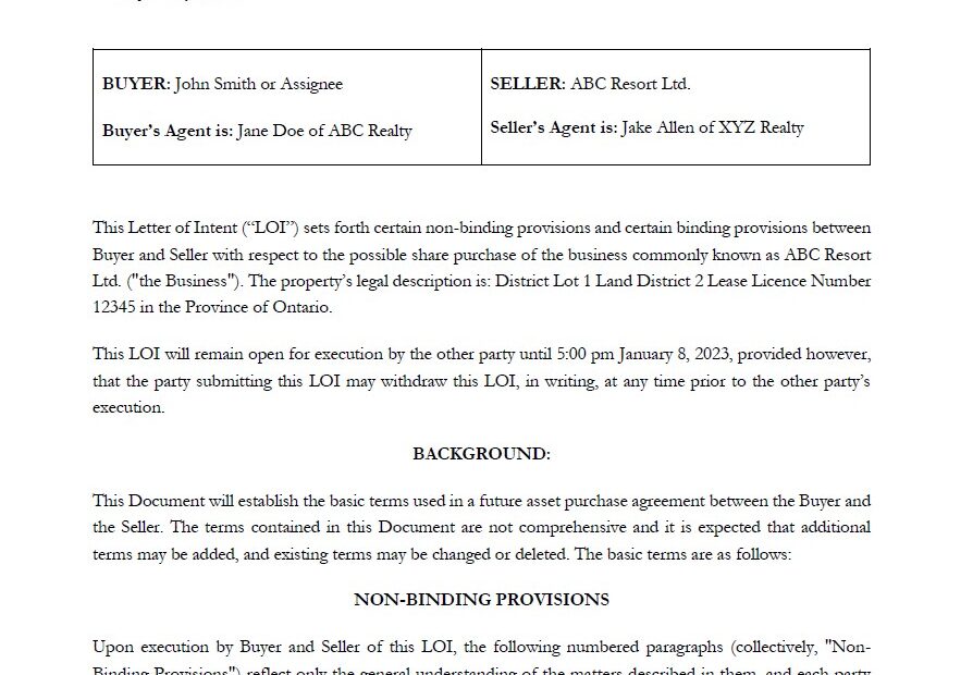 Lodge Resort Purchase Sale Letter of Intent